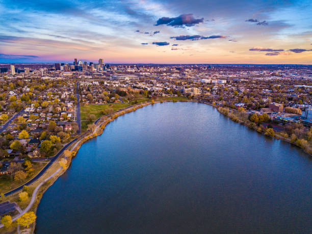 Beautiful Drone Sunset over Sloan's Lake in Denver, Colorado stock photo