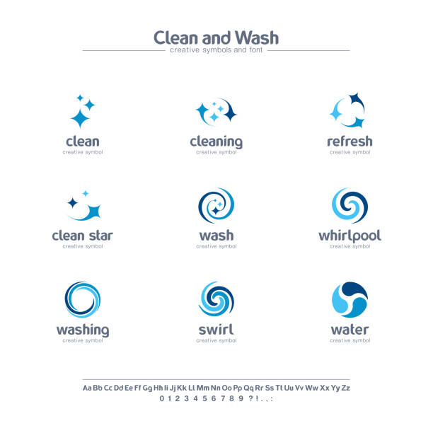 Clean and wash creative symbols set, font concept. Water refresh, laundry service abstract business pictogram. Swirl, shine, sparkle star icon. Clean and wash creative symbols set, font concept. Water refresh, laundry service abstract business pictogram. Swirl, shine, sparkle star icon. Corporate identity alphabet, sign company graphic design mixing stock illustrations