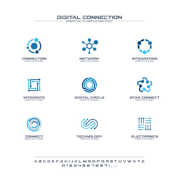 Digital connect creative symbols set, font concept. Social media network abstract business pictogram. Internet technology, communication icon. Digital connect creative symbols set, font concept. Social media network abstract business pictogram. Internet technology, communication icon. Corporate identity alphabet, sign, company graphic design commercial hub stock illustrations