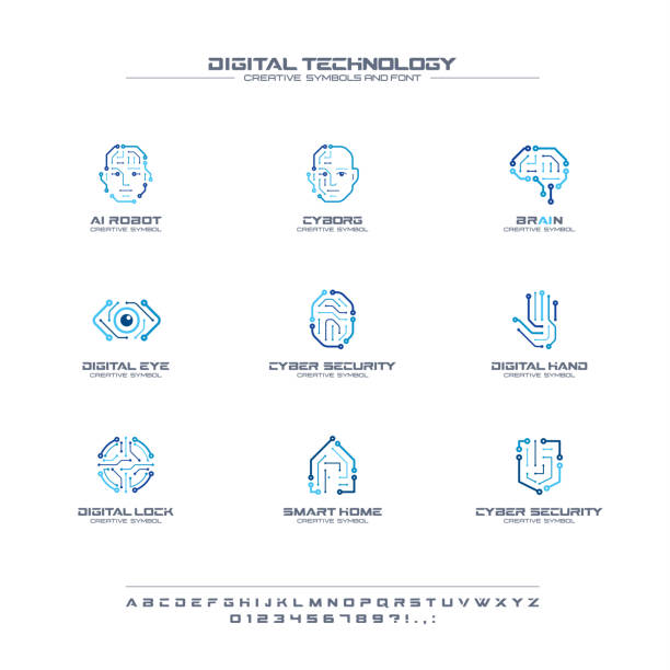 illustrazioni stock, clip art, cartoni animati e icone di tendenza di set di simboli creativi della tecnologia digitale, concetto di font. pictogramma aziendale astratto del cervello del circuito di intelligenza artificiale. faccia cyborg, testa, icona intelligente della mano del robot - brain case