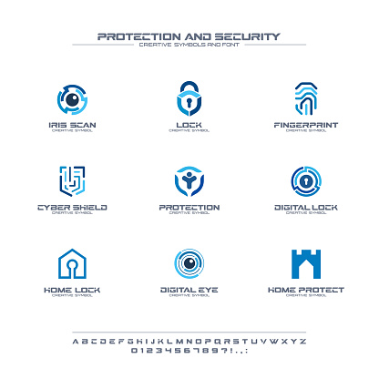 Protection and security creative symbols set, font concept. Home, people secure abstract business pictogram. Safe lock, padlock shield icon. Corporate identity alphabet, sign, company graphic design