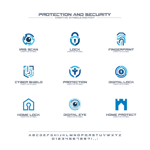 Protection and security creative symbols set, font concept. Home, people secure abstract business pictogram. Safe lock, padlock shield icon Protection and security creative symbols set, font concept. Home, people secure abstract business pictogram. Safe lock, padlock shield icon. Corporate identity alphabet, sign, company graphic design security staff stock illustrations