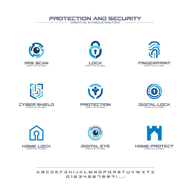 Protection and security creative symbols set, font concept. Home, people secure abstract business pictogram. Safe lock, padlock shield icon Protection and security creative symbols set, font concept. Home, people secure abstract business pictogram. Safe lock, padlock shield icon. Corporate identity alphabet, sign, company graphic design security graphics stock illustrations