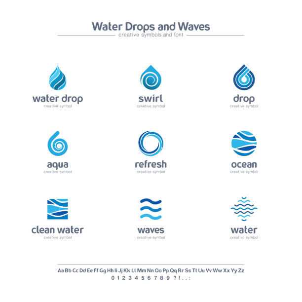 czysta woda spada i fale kreatywnych symboli zestaw, koncepcja czcionki. świeże wirować niebieski kolor abstrakcyjny piktogram biznesowy. ocean, morze, ikona spirali. - water wave wave pattern symbol stock illustrations