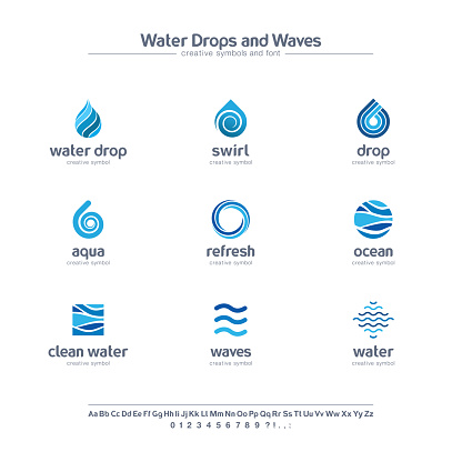 Clean water drops and waves creative symbols set, font concept. Fresh swirl blue color abstract business pictogram. Ocean, sea, spiral icon. Corporate identity alphabet, sign, company graphic design