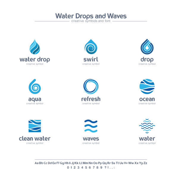 Clean water drops and waves creative symbols set, font concept. Fresh swirl blue color abstract business pictogram. Ocean, sea, spiral icon. Clean water drops and waves creative symbols set, font concept. Fresh swirl blue color abstract business pictogram. Ocean, sea, spiral icon. Corporate identity alphabet, sign, company graphic design wave water icons stock illustrations