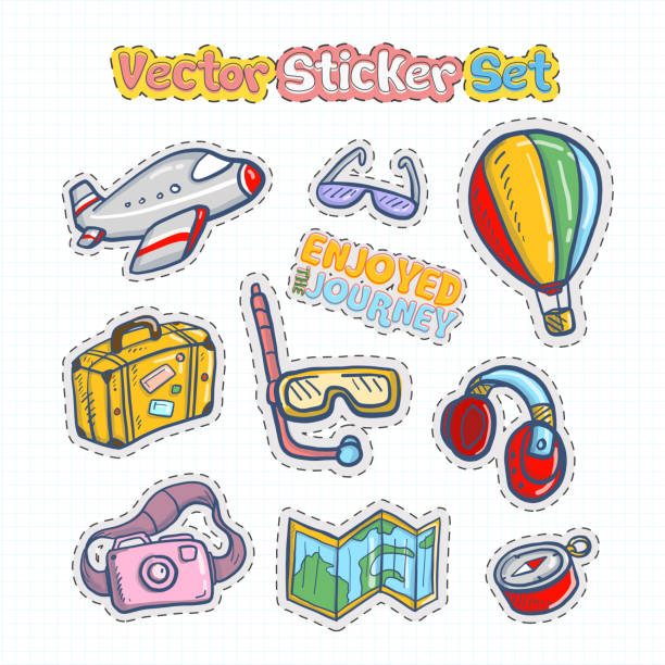 vektor-aufkleber-patches-set - doodle map drawing sunglasses stock-grafiken, -clipart, -cartoons und -symbole