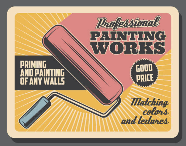 ilustraciones, imágenes clip art, dibujos animados e iconos de stock de pintura trabajos de renovación, rodillo de pintura de vectores - house painter painting paint wall