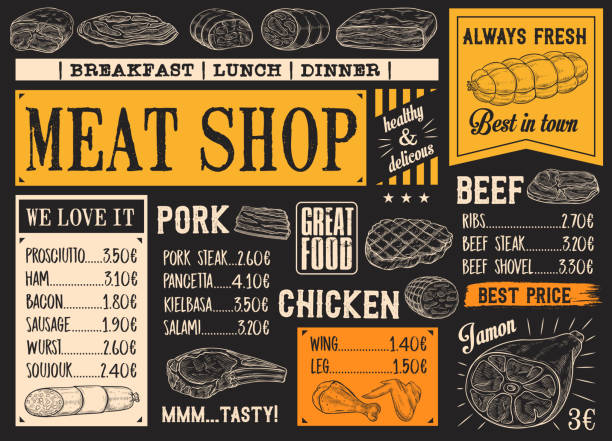 мясное меню продуктов, доска для эскизов мяса - butchers shop butcher meat delicatessen stock illustrations