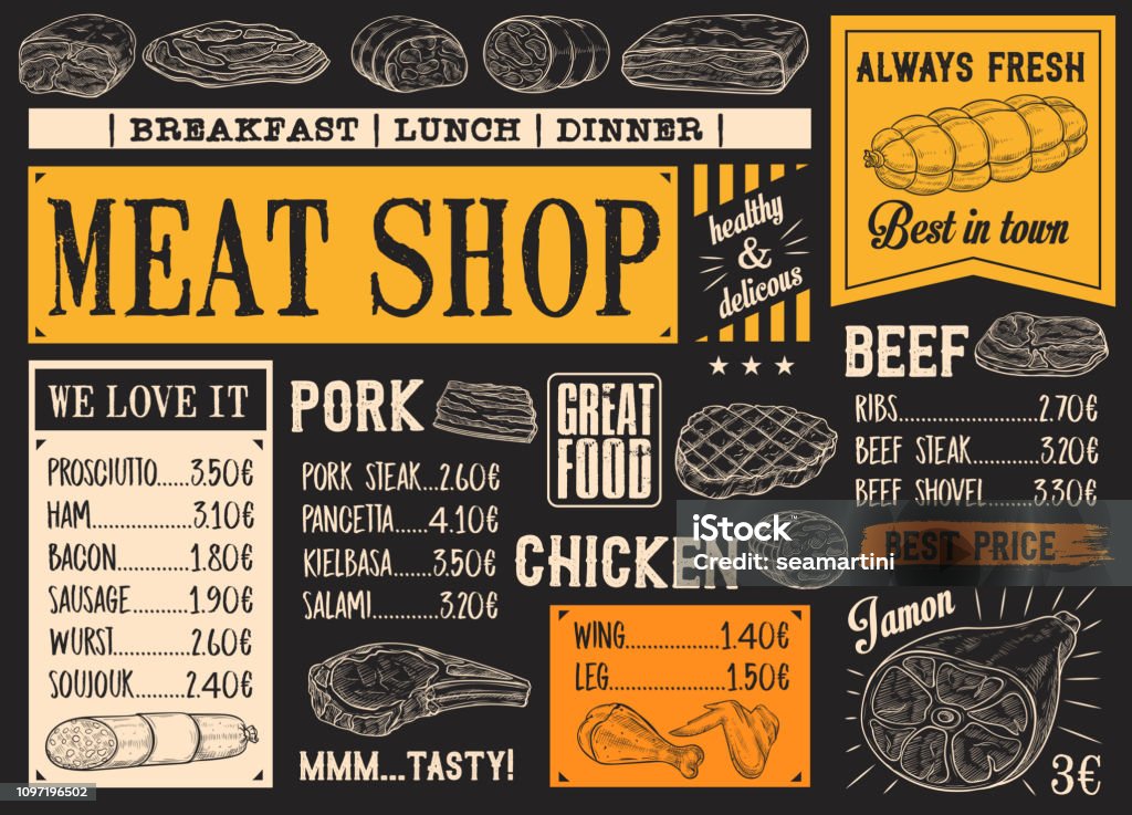 Butchery products menu, meat sketch chalkboard Meat product sketches on chalkboard. Fresh beef steak and sausage, ham and pork bacon, salami and gammon, frankfurter and pepperoni, chicken. Butcher shop menu for breakfast, lunch or dinner vector Butcher's Shop stock vector