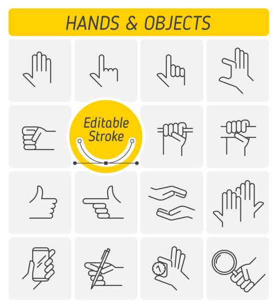 stockillustraties, clipart, cartoons en iconen met de verschillende gebaren voor menselijke handen overzicht vector icon set. - phone hand thumb