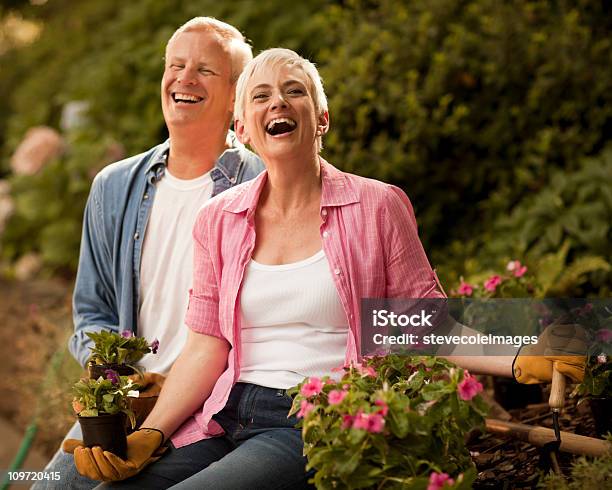 Senior Couple Laughing In Flower Garden Stock Photo - Download Image Now - Flower, Perennial, Planting