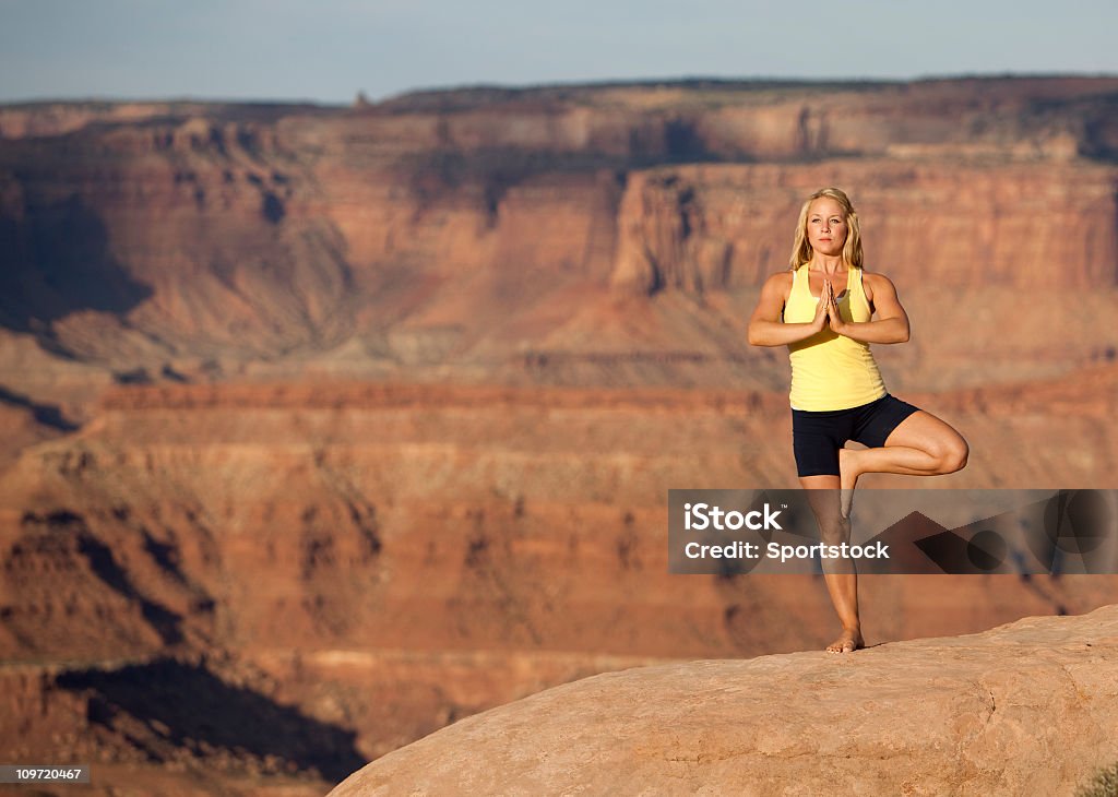 Mujer al aire libre en un árbol de Yoga Pose Meditando - Foto de stock de 25-29 años libre de derechos