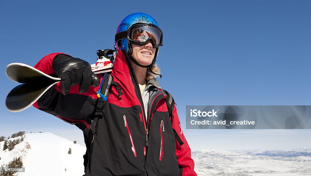 Skier On Top Of The World Looking at View  20-29 Years Stock Photo