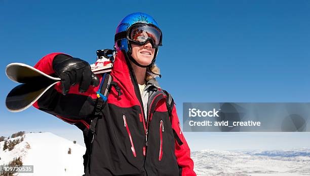 Skier On Top Of The World Looking At View Stock Photo - Download Image Now - 20-29 Years, Active Lifestyle, Activity