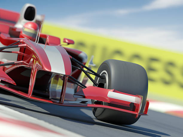 istock Red and white racing car with driver on blurred race track 109720558