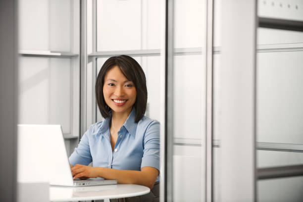 istock Happy businesswoman working on her laptop 109720607