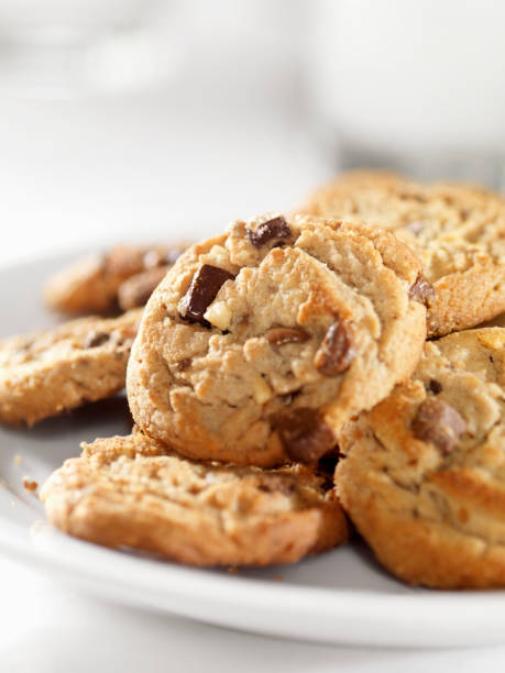 Close up shot of delicious fresh chocolate chip cookies arrangement in studio