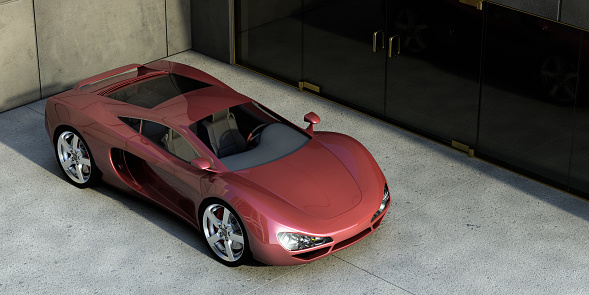 A red sports car parked in front of a building with glass doors. All elements of this images have been designed and modelled by myself. Very high resolution 3D render.
