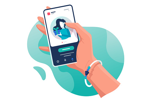 Flat isolated hand with phone with contacts woman with gift. Concept electronic mobile device, communication. Vector illustration.