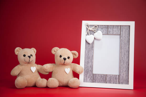 Couple Teddy Bears on red background. Valentines Day card. Love heart. stock photo