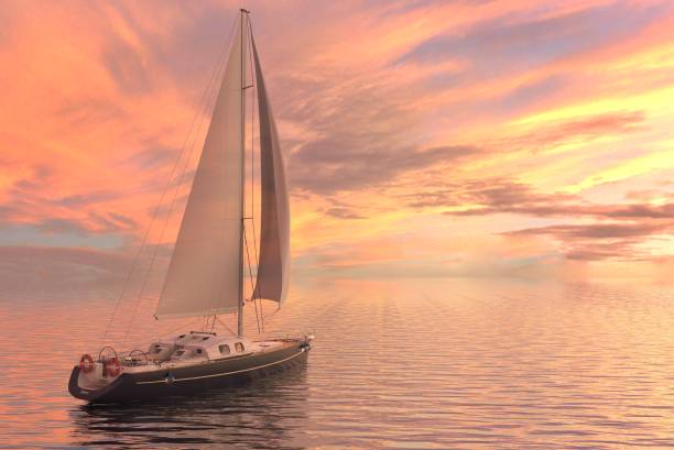 Sailing on sea and sunset 3d illustration stock photo