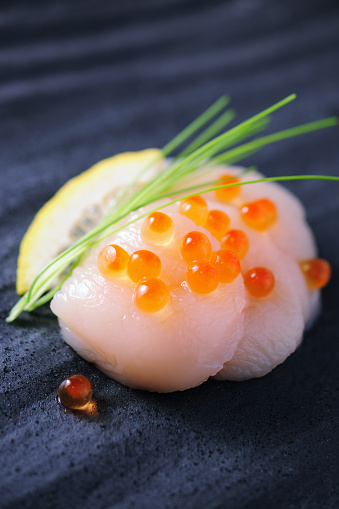 Scallop Sashimi with Red Caviar Close-Up