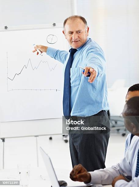 Geschäftsmann Zeigt Finanzielle Diagramm Auf Whiteboard Zu Kollegen Stockfoto und mehr Bilder von 45-49 Jahre