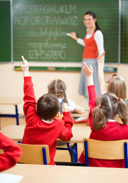 istock Elementary School Children Raising Hands In Class, Rear View 109722706