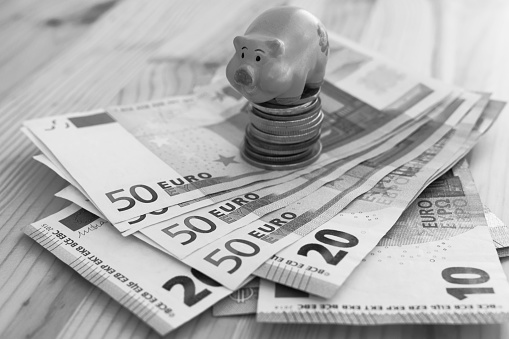 Pig toy figurine on stacked coins on pile of euro banknotes on wooden background, black and white image. Financial money savings, budgeting and europe economics concept.