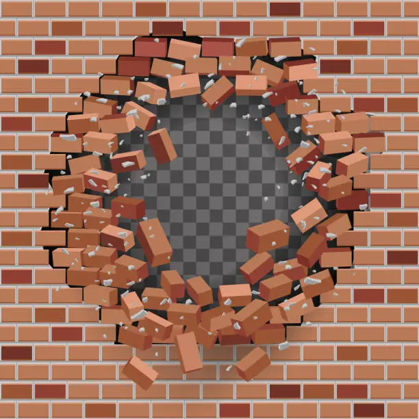 Vector illustration of Red brick break wal hole destructionl template transparent background vector illustration