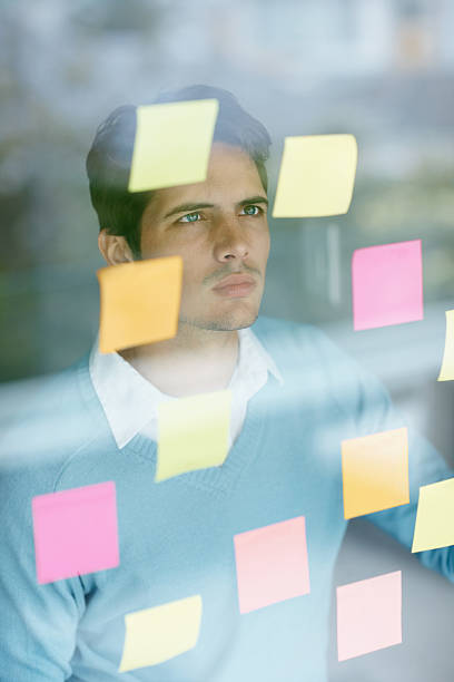 istock Man reading his reminders stuck to the glass 109723787