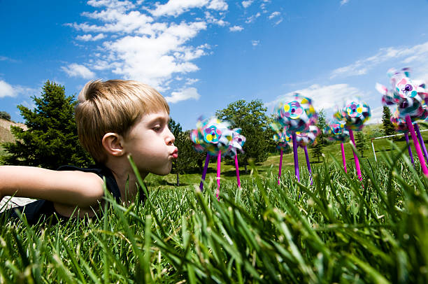 Little Boy Lying in Grass and Blowing Pinwheels stock photo