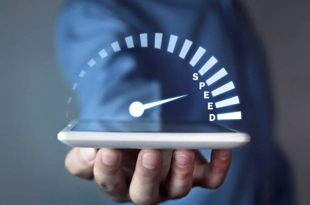 istock Man holding tablet with speedometer. Speed concept 1097239830
