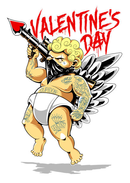 Tattooed Cupidon Vector Art with Lettering Tattooed cupid in bandana with gun loaded of love. Fat tattooed aggressive love warrior. Modern vector illustration with dirty graffiti lettering. baby gun stock illustrations