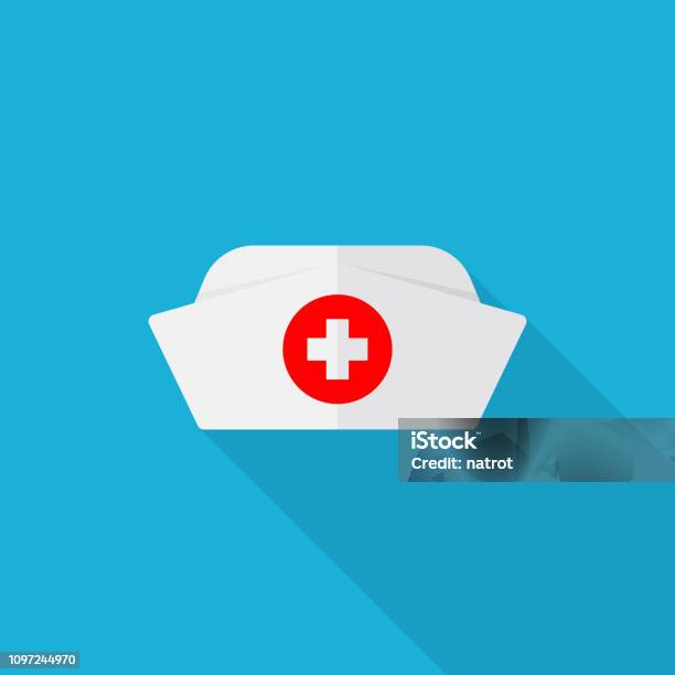 Nurse Hat Icon With Long Shadow On Blue Background Flat Design Style Stock Illustration - Download Image Now