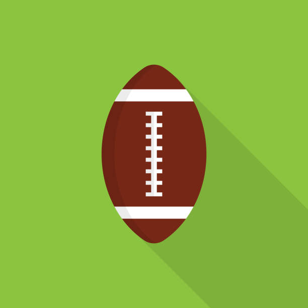 регби мяч значок с длинной тенью на зеленом фоне, плоский стиль дизайна - американский футбол мяч иллюстрации stock illustrations