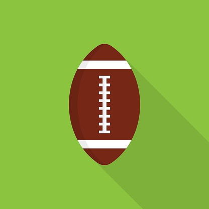 Rugby ball icon with long shadow on green background, flat design style