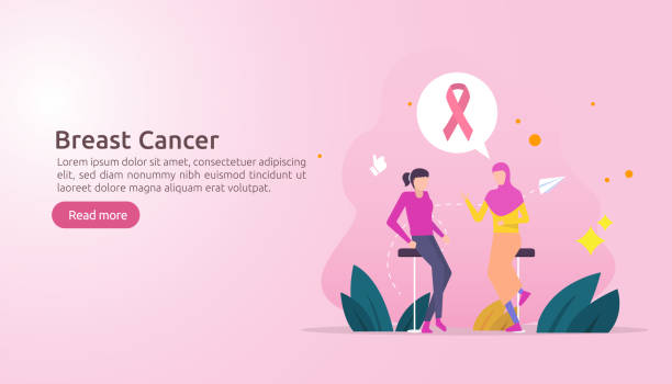 dzień raka piersi miesiąc świadomości z różową wstążką. kobieta postać z kreskówki razem dyskusja mówić o wsparciu miłości. szablon strony docelowej, baner, media społecznościowe i drukowane. ilustracja wektorowa. - pink ribbon alertness breast cancer awareness stock illustrations