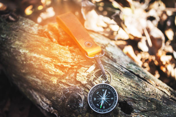 istock Compass with leather keychain on wood natural background Using wallpaper or background travel or navigator image 1097246566