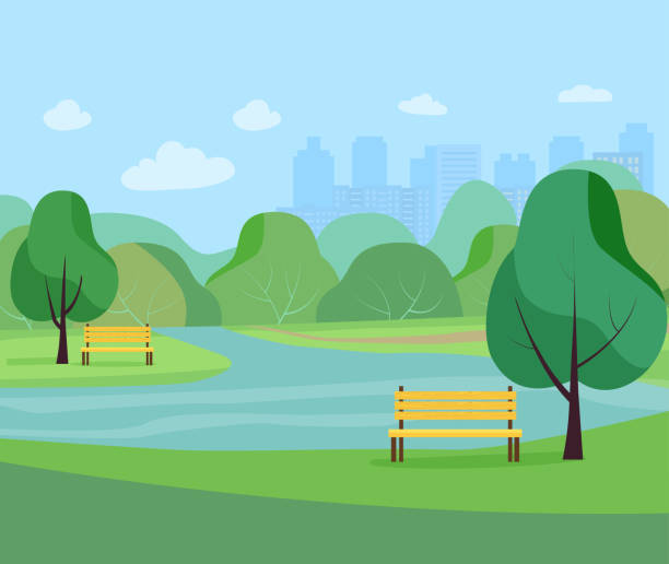 Landscape in city park .  Vector flat style Illustration. Landscape in city park .  Vector flat style Illustration. public park stock illustrations