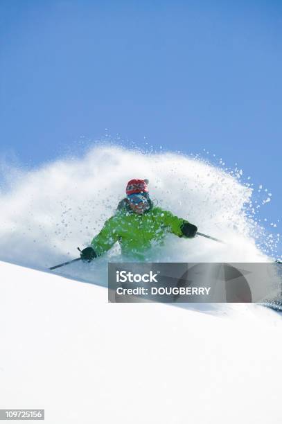 Female Skiing In Fresh Powder Snow Stock Photo - Download Image Now - One Woman Only, Ski, Women