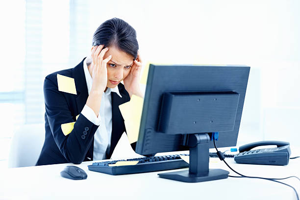 istock Worried overworked business woman with sticky reminder notes 109725286