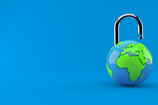 World globe with padlock isolated on blue background. 3d illustration