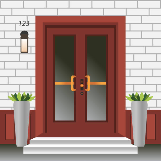istock House door front with doorstep and steps, lamp, flowers in pots, building entry facade, exterior entrance with brick wall design illustration vector in flat style 1097255098