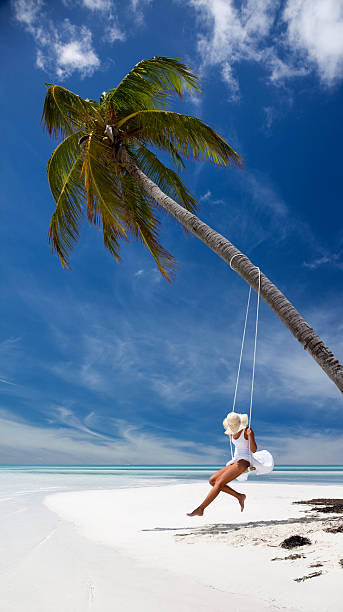 istock woman swinging from a palm tree on tropical beach 109725897
