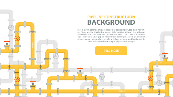 Industrial background with yellow pipeline. Oil, water or gas pipeline with fittings and valves. Web banner template. Vector illustration in a flat style.
