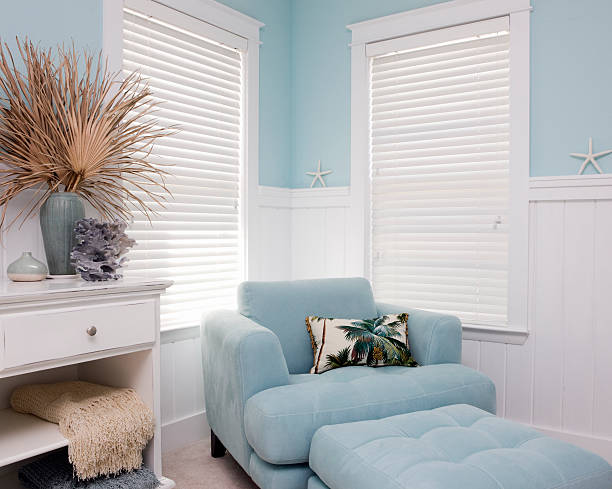 Shabby Chic Interior Decor of Beach House Home Interior. Horizontal shot. window blinds photos stock pictures, royalty-free photos & images