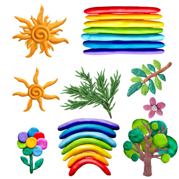 Colorful plasticine 3D nature objects   icons set isolated on white background