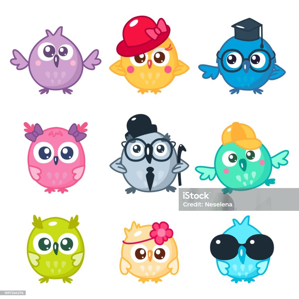 Set of cute colorful owls with different glasses and hats. Cartoon bird emojis and stickers. Vector illustration. Kawaii style. Eyeglasses stock vector